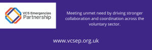 The image shows the VCS Emergencies Partnership logo. Which is white writing on a purple background.